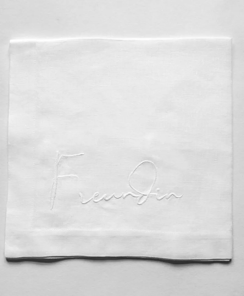 indradanush Tischwäsche|Servietten|Bestickte Leinenserviette Freund/Freundin/Friend