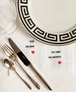 indradanush Tischwäsche|Servietten|Besticktes Leinenservietten-Set "Eat & Drink"